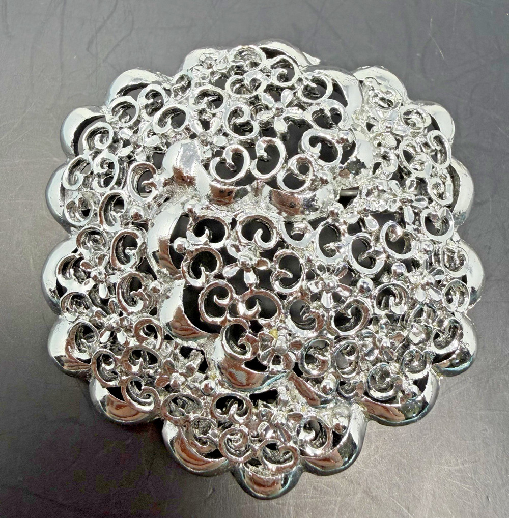 Vintage Silver Tone Filigree Floral Brooch Ornate Round Lace Pin